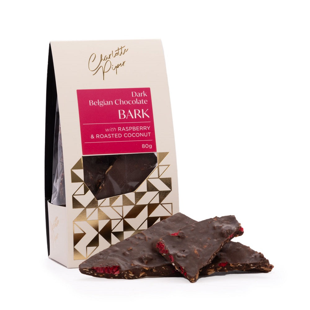 Charlotte Piper Dark Chocolate Raspberry and Coconut Bark 80g